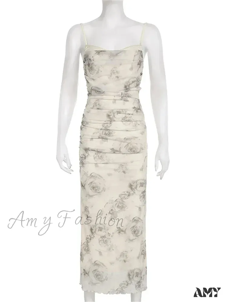 Amy Fashion - Retro Floral Print  for Women Sleeveless Strap V-neck Ruched Split Summer Party Female Vestidos