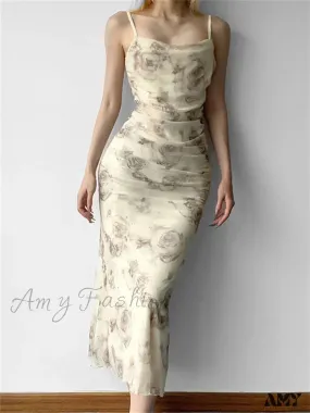 Amy Fashion - Retro Floral Print  for Women Sleeveless Strap V-neck Ruched Split Summer Party Female Vestidos