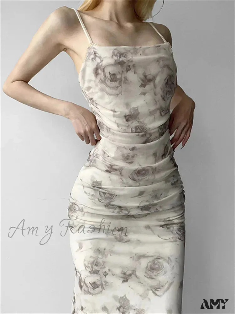 Amy Fashion - Retro Floral Print  for Women Sleeveless Strap V-neck Ruched Split Summer Party Female Vestidos