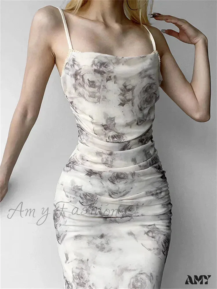 Amy Fashion - Retro Floral Print  for Women Sleeveless Strap V-neck Ruched Split Summer Party Female Vestidos