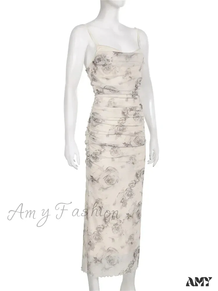 Amy Fashion - Retro Floral Print  for Women Sleeveless Strap V-neck Ruched Split Summer Party Female Vestidos