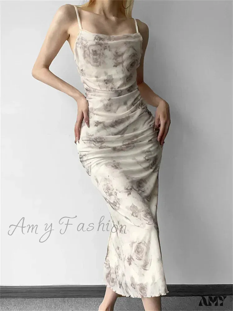 Amy Fashion - Retro Floral Print  for Women Sleeveless Strap V-neck Ruched Split Summer Party Female Vestidos