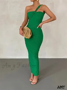 Amy Fashion - Sexy Backless Ruched  Women Sleeveless Single Strap Off Shoulder Bodycon Party Club  Female Vestidos