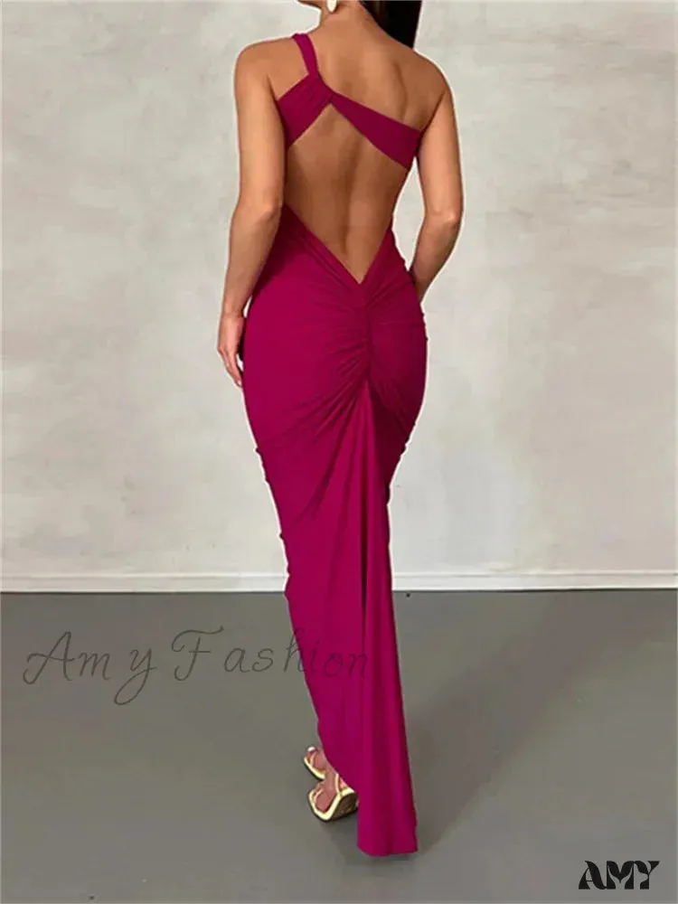 Amy Fashion - Sexy Backless Ruched  Women Sleeveless Single Strap Off Shoulder Bodycon Party Club  Female Vestidos