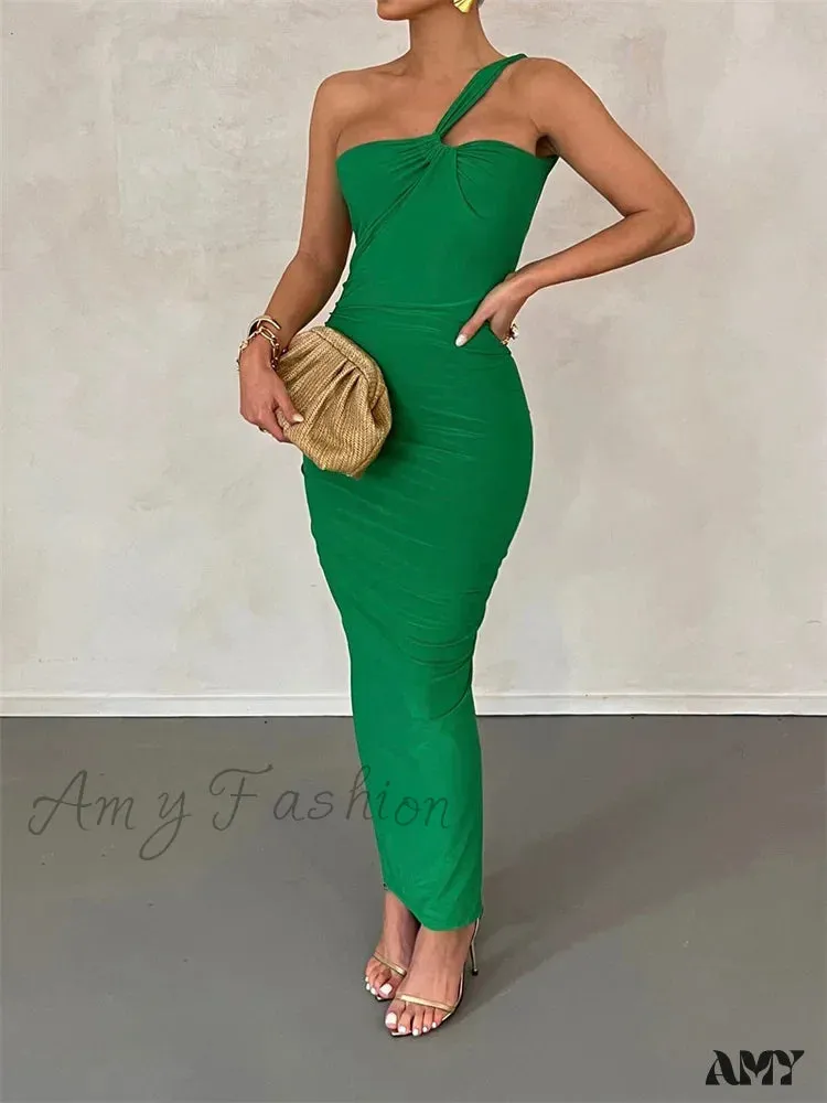Amy Fashion - Sexy Backless Ruched  Women Sleeveless Single Strap Off Shoulder Bodycon Party Club  Female Vestidos
