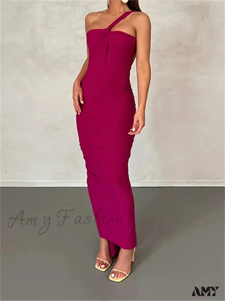 Amy Fashion - Sexy Backless Ruched  Women Sleeveless Single Strap Off Shoulder Bodycon Party Club  Female Vestidos