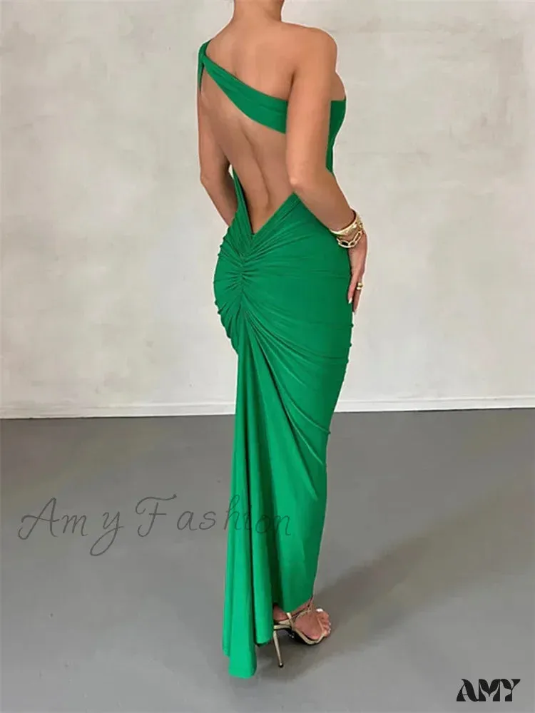 Amy Fashion - Sexy Backless Ruched  Women Sleeveless Single Strap Off Shoulder Bodycon Party Club  Female Vestidos
