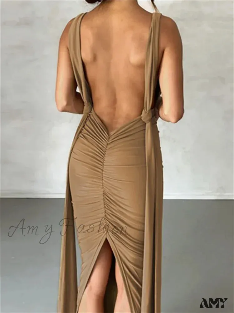 Amy Fashion - Women Sleeveless Strap  Solid Color Deep V-neck Backless High Split Summer Party Ruched Vestidos