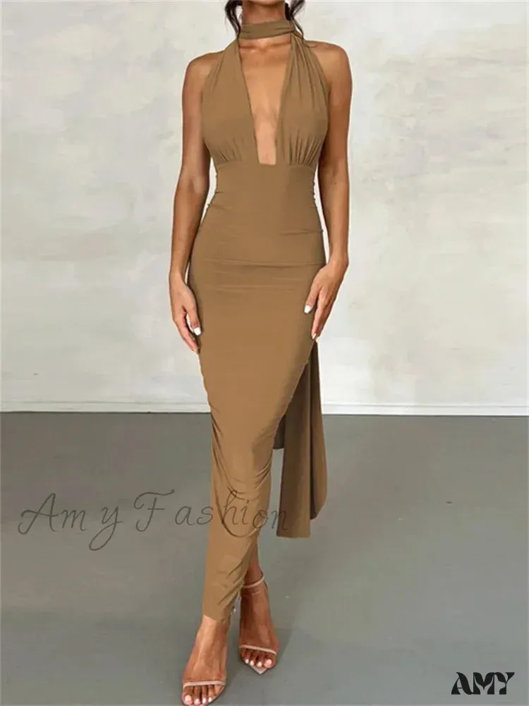 Amy Fashion - Women Sleeveless Strap  Solid Color Deep V-neck Backless High Split Summer Party Ruched Vestidos