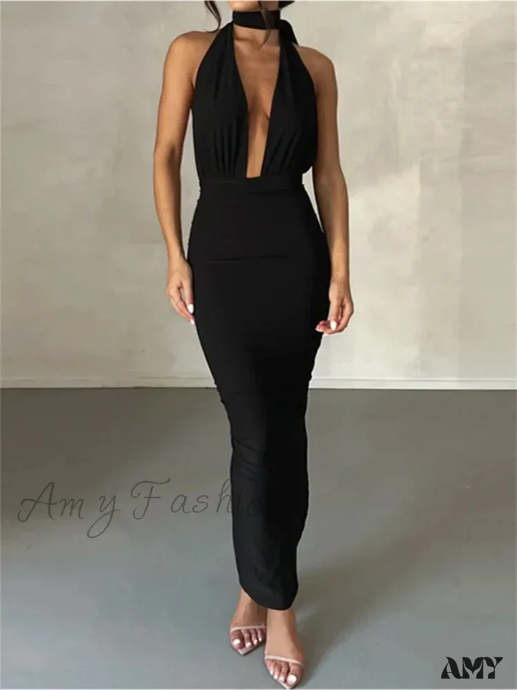 Amy Fashion - Women Sleeveless Strap  Solid Color Deep V-neck Backless High Split Summer Party Ruched Vestidos
