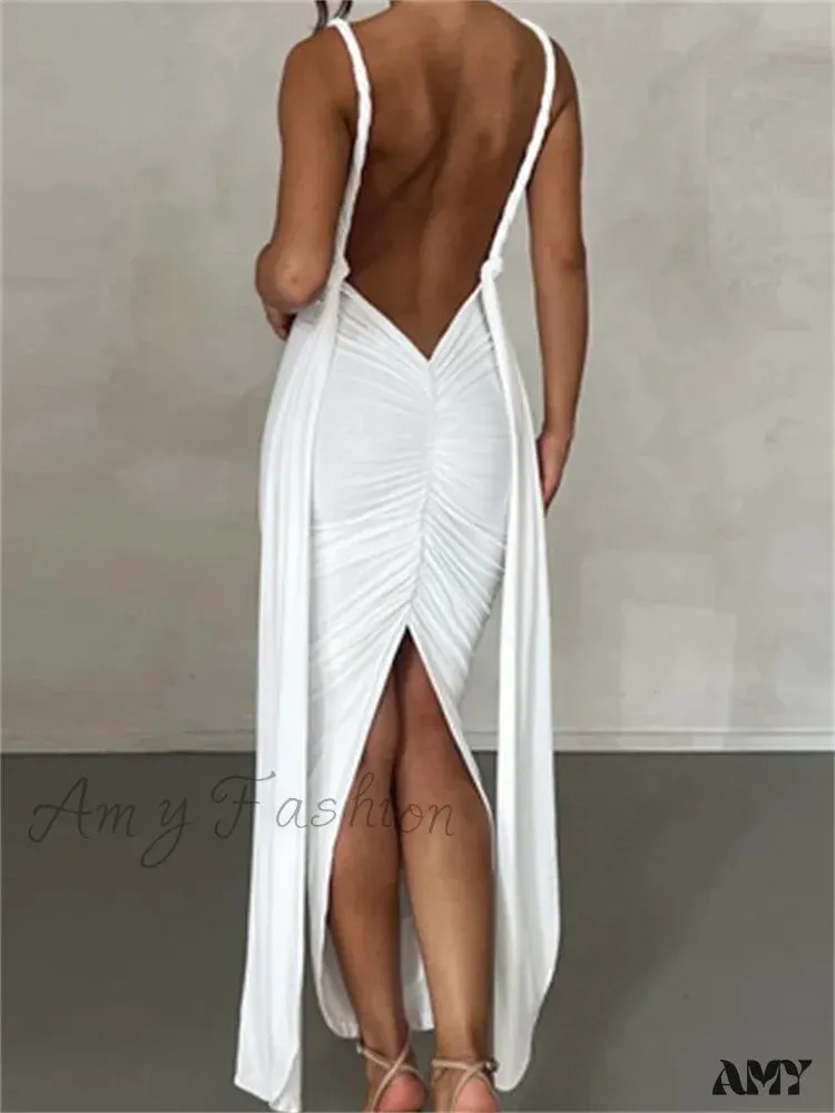 Amy Fashion - Women Sleeveless Strap  Solid Color Deep V-neck Backless High Split Summer Party Ruched Vestidos