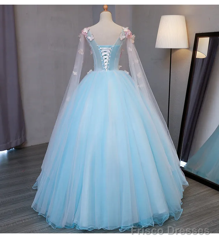 Beautiful Light Blue Butterfly Lace Ball Gown Prom Dresses, Sweet 16 Formal Dresses
