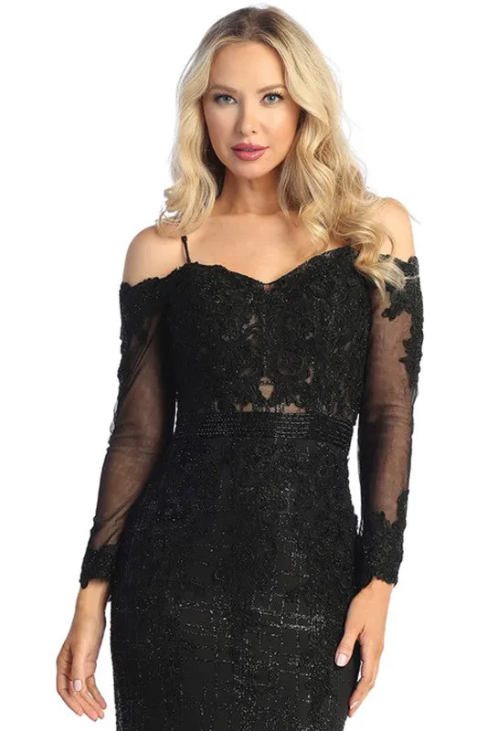 Black Long Sleeve Embroidery Glitter Trumpet Dress