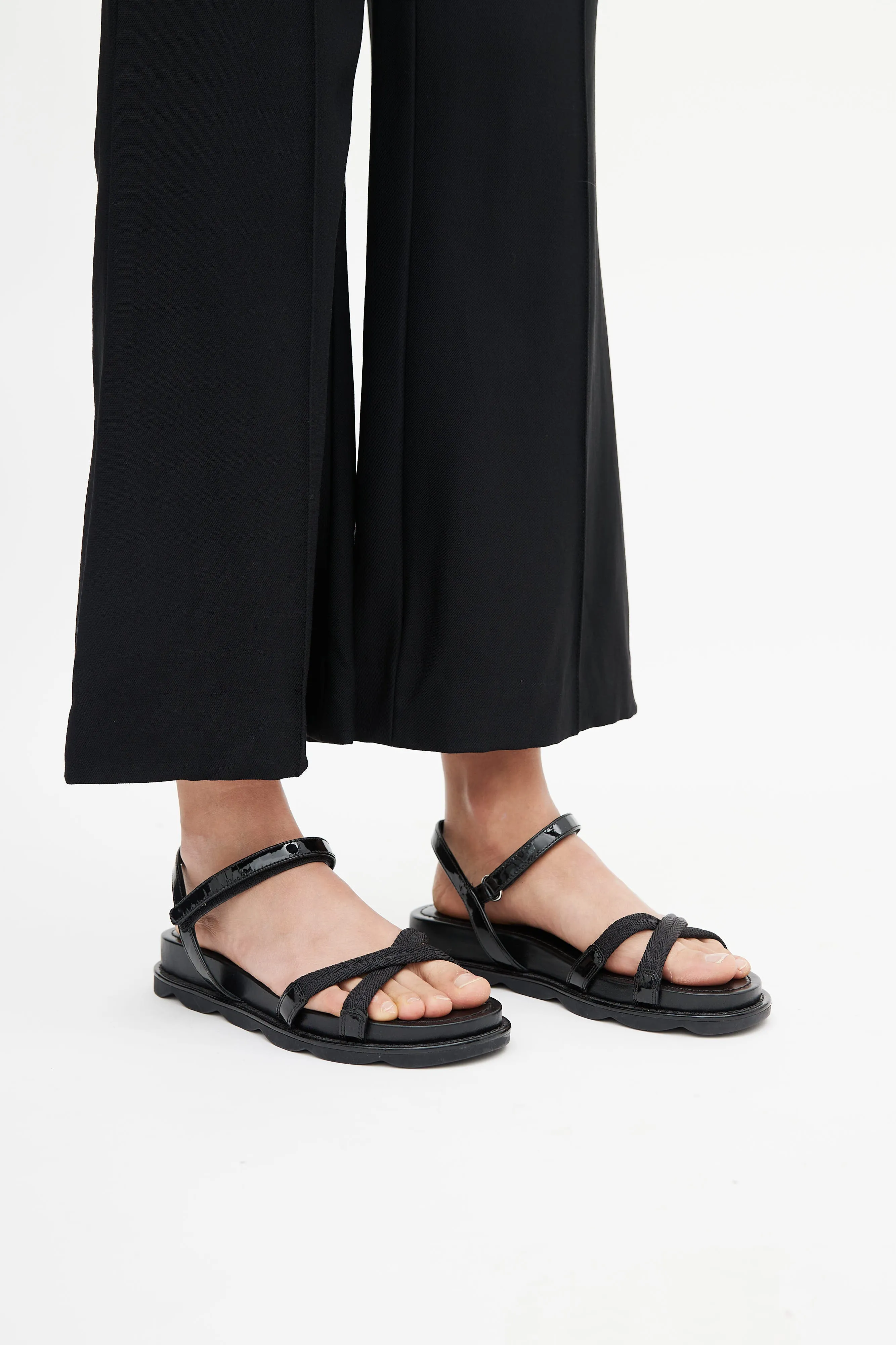 Black Webbing & Patent Leather Flatform Sandals