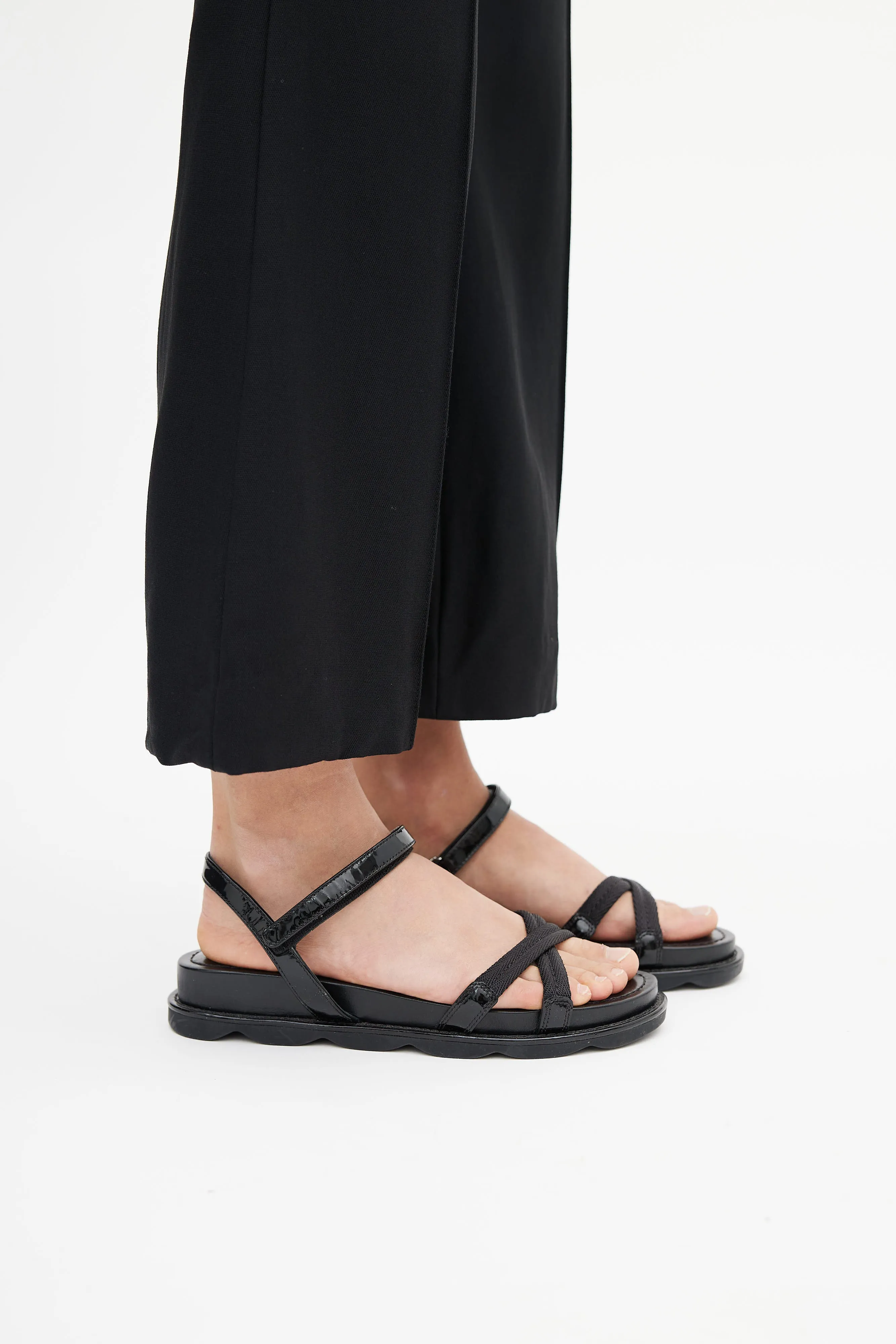 Black Webbing & Patent Leather Flatform Sandals