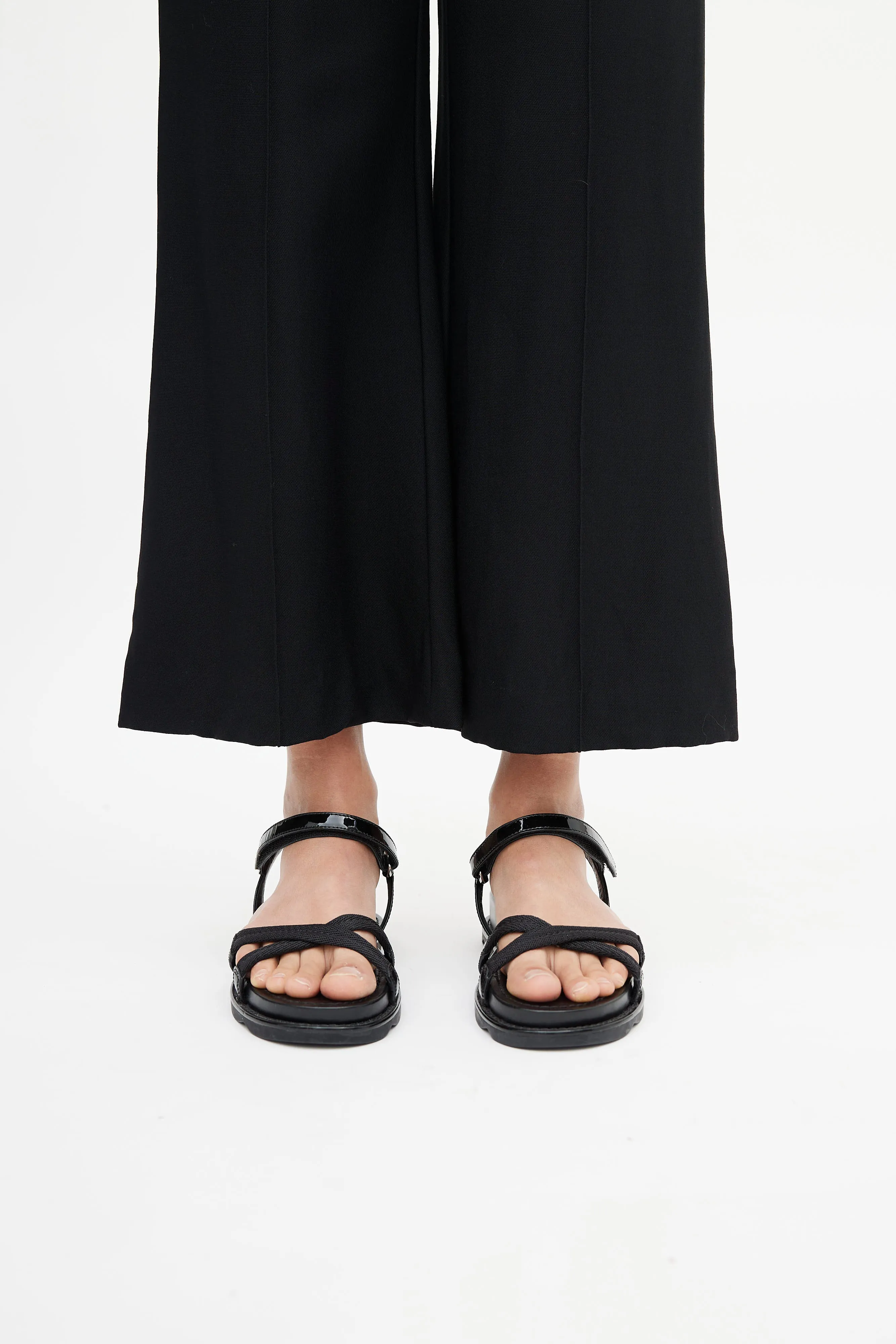 Black Webbing & Patent Leather Flatform Sandals