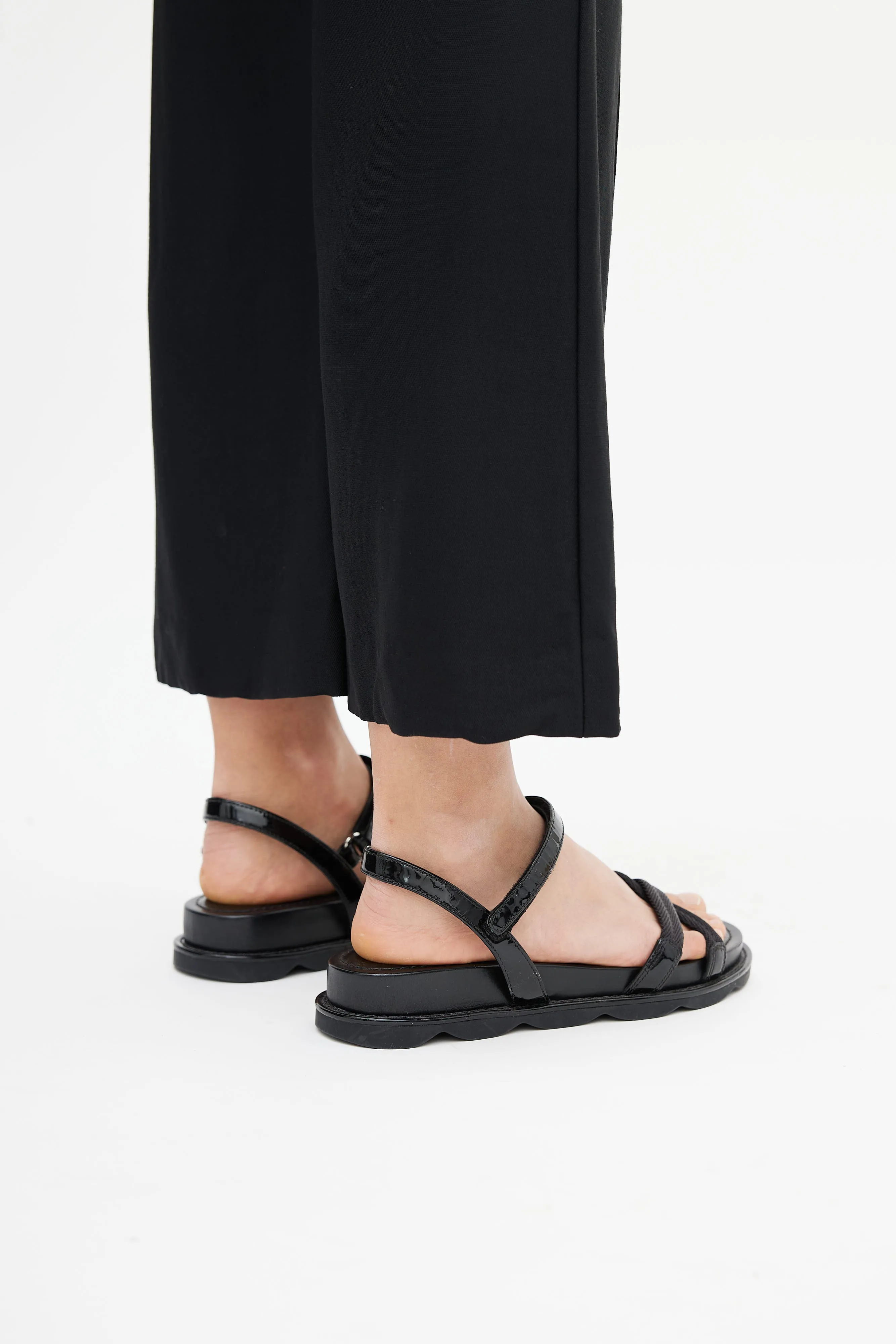 Black Webbing & Patent Leather Flatform Sandals