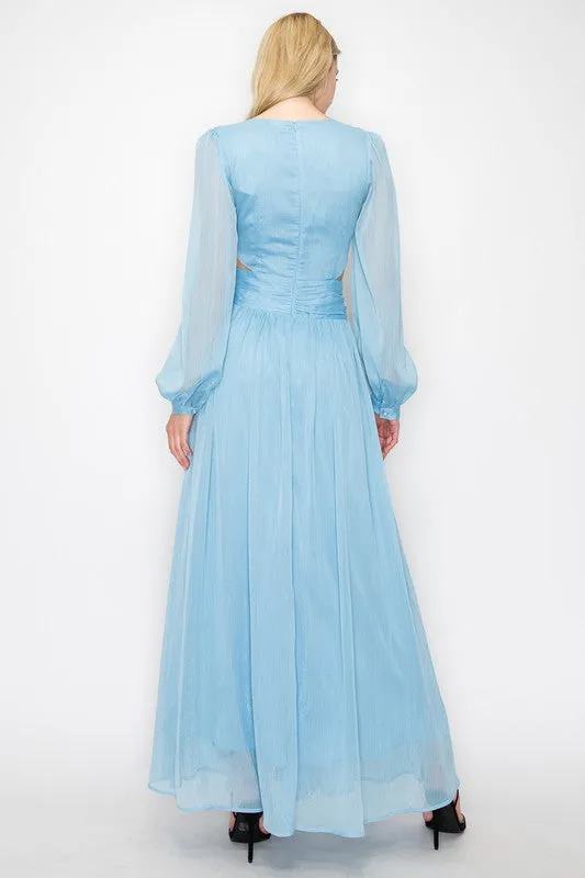 Blue Long Puff Sleeves Shimmer Fabric Side Cut-Out Maxi