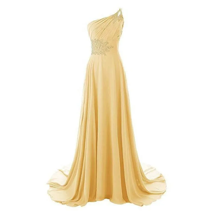 Chiffon Bridesmaid Dress One Shoulder Long Prom Dress Sleeveless Event Gown
