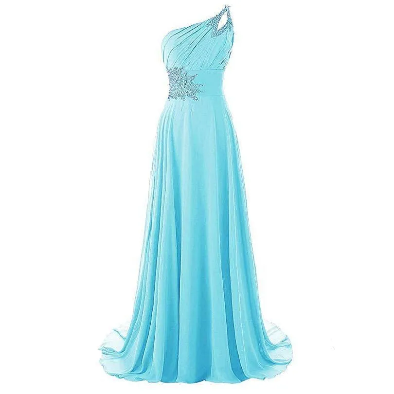 Chiffon Bridesmaid Dress One Shoulder Long Prom Dress Sleeveless Event Gown
