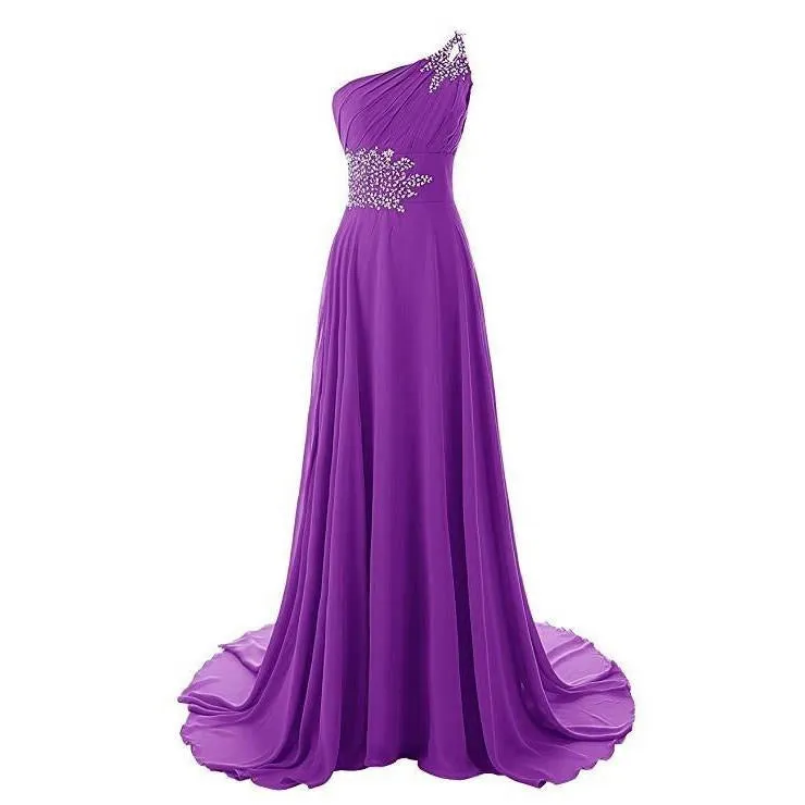 Chiffon Bridesmaid Dress One Shoulder Long Prom Dress Sleeveless Event Gown