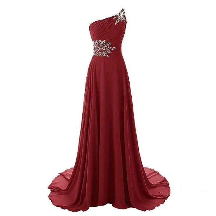 Chiffon Bridesmaid Dress One Shoulder Long Prom Dress Sleeveless Event Gown