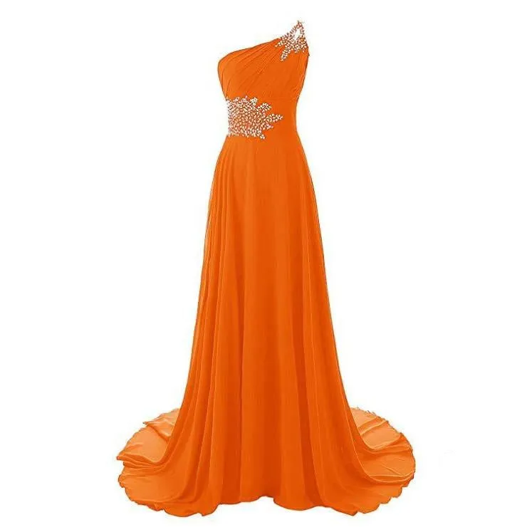 Chiffon Bridesmaid Dress One Shoulder Long Prom Dress Sleeveless Event Gown