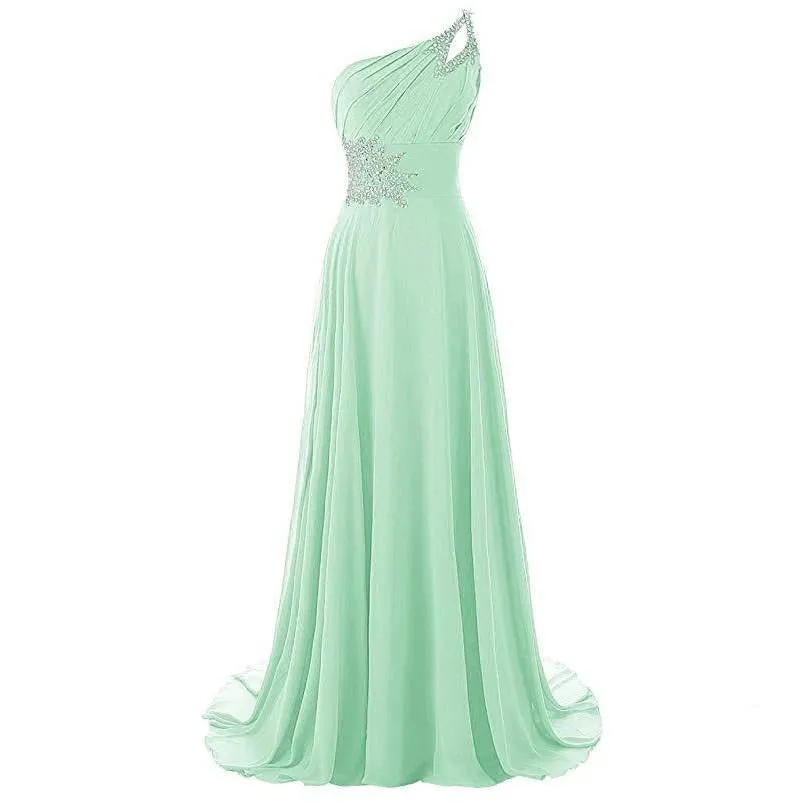 Chiffon Bridesmaid Dress One Shoulder Long Prom Dress Sleeveless Event Gown