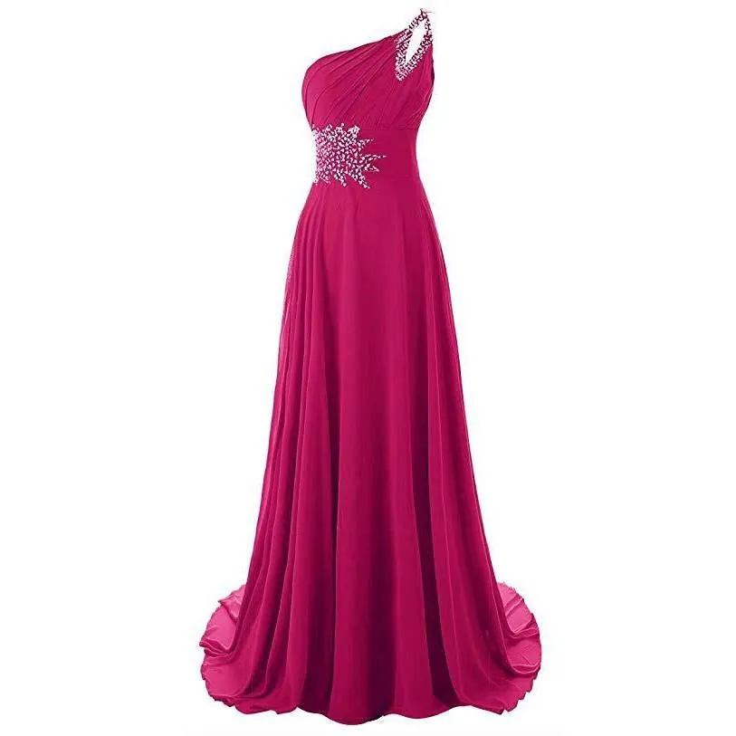 Chiffon Bridesmaid Dress One Shoulder Long Prom Dress Sleeveless Event Gown