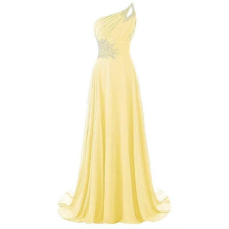 Chiffon Bridesmaid Dress One Shoulder Long Prom Dress Sleeveless Event Gown