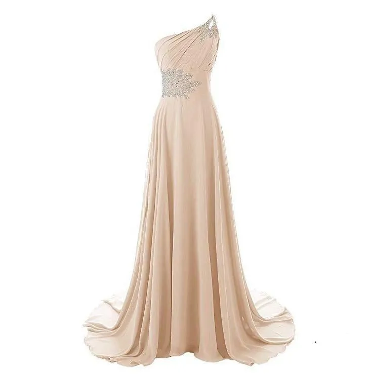 Chiffon Bridesmaid Dress One Shoulder Long Prom Dress Sleeveless Event Gown