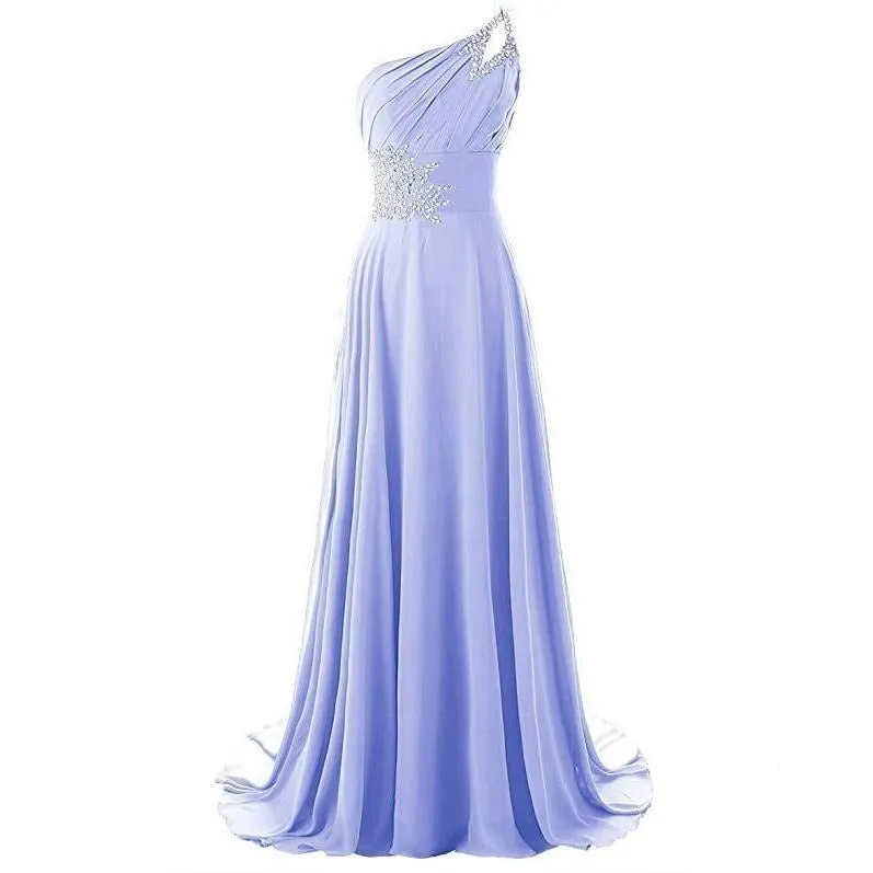 Chiffon Bridesmaid Dress One Shoulder Long Prom Dress Sleeveless Event Gown