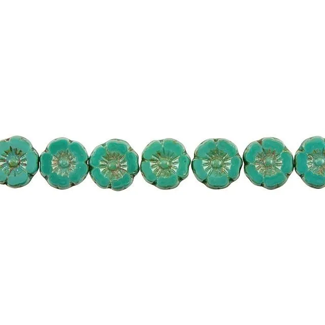 Czech Glass 9mm Green Turquoise Opaque with Picasso Finish Hibiscus Flower Bead Strand by Raven's Journey