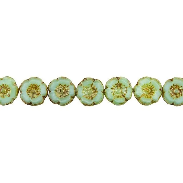 Czech Glass 9mm Seafoam Green Silk with Picasso Finish Hibiscus Flower Bead Strand by Raven's Journey