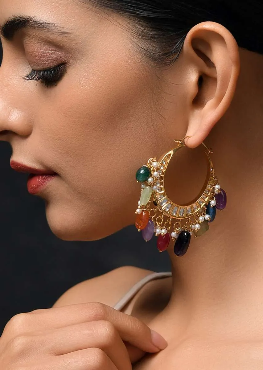 Gold Plated Chandbali Earrings With Kundan And Dangling Multicolored Stones By Paisley Pop