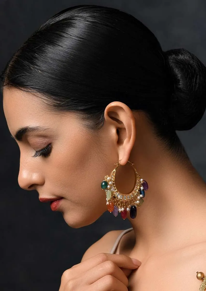 Gold Plated Chandbali Earrings With Kundan And Dangling Multicolored Stones By Paisley Pop