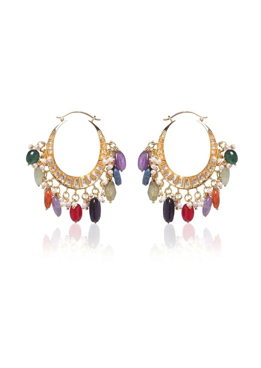 Gold Plated Chandbali Earrings With Kundan And Dangling Multicolored Stones By Paisley Pop