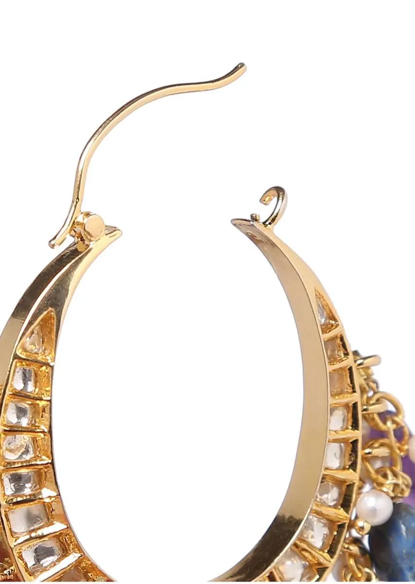Gold Plated Chandbali Earrings With Kundan And Dangling Multicolored Stones By Paisley Pop