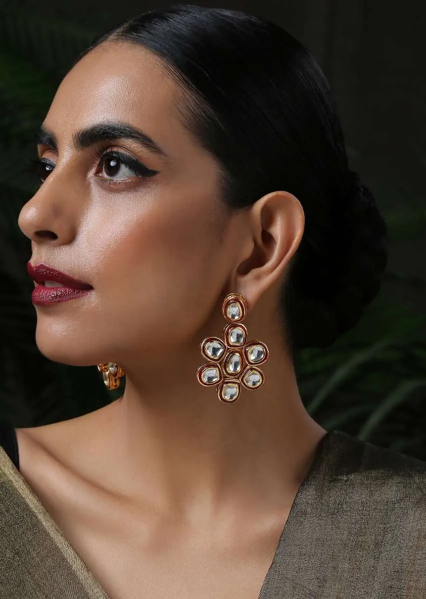 Gold Plated Earrings With Red Meenakari And Encrusted With Kundan In Floral Motif By Paisley Pop