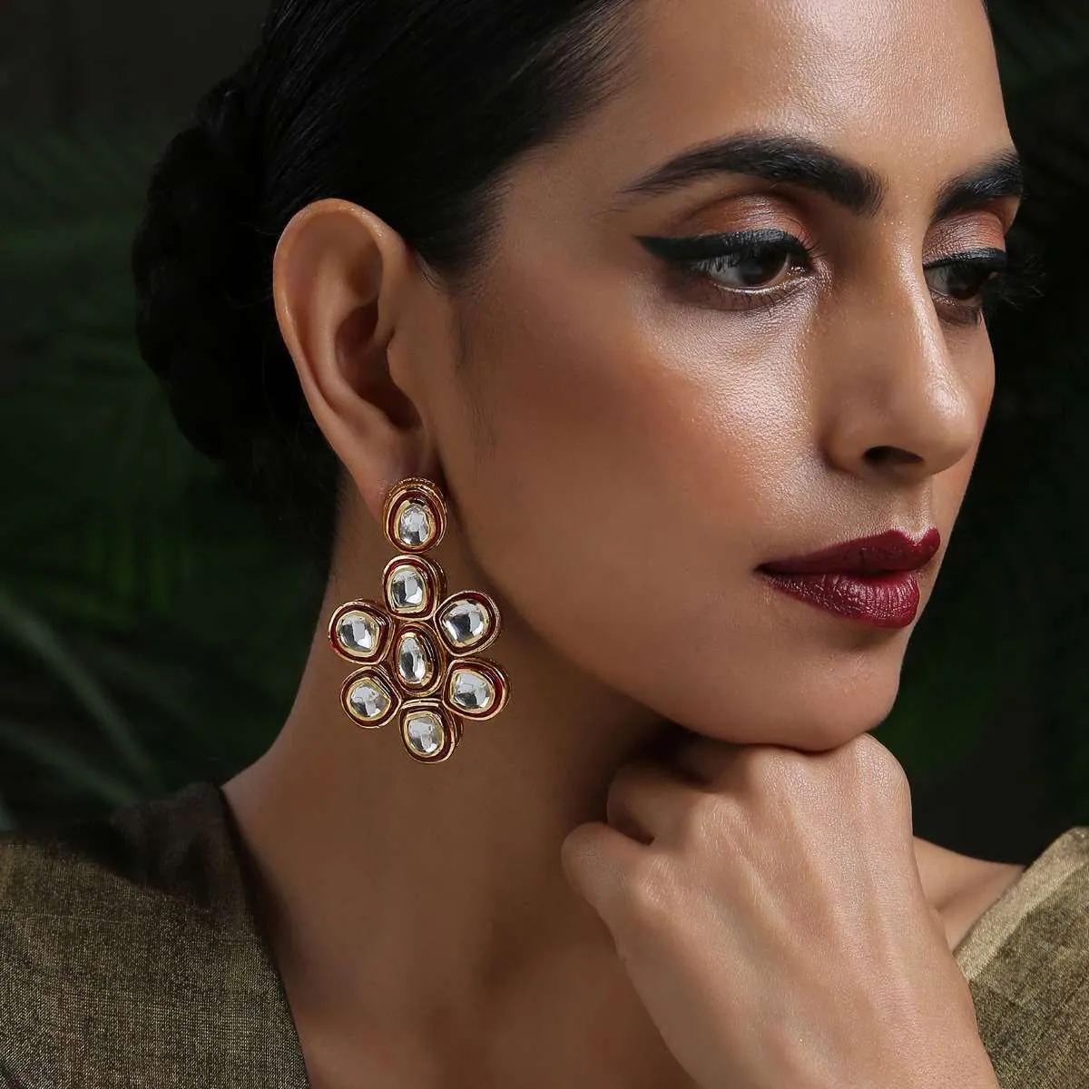 Gold Plated Earrings With Red Meenakari And Encrusted With Kundan In Floral Motif By Paisley Pop