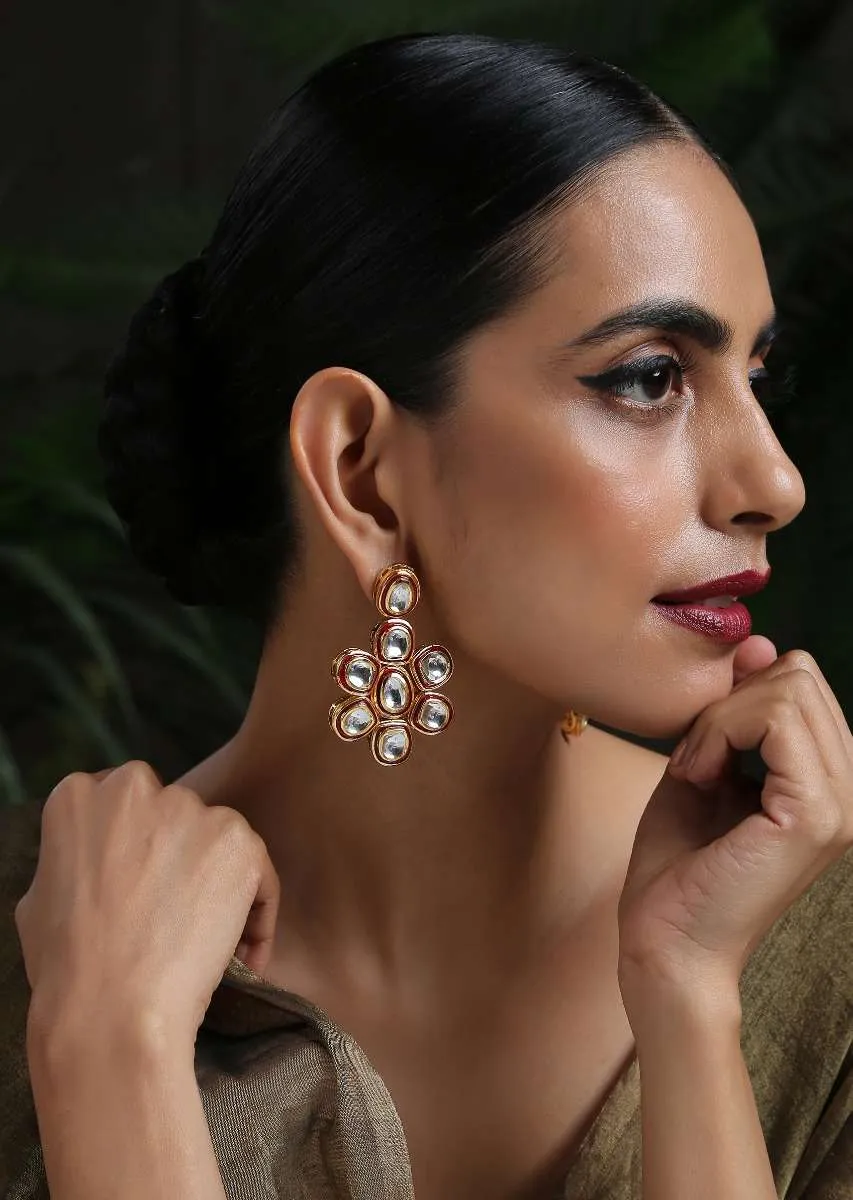 Gold Plated Earrings With Red Meenakari And Encrusted With Kundan In Floral Motif By Paisley Pop