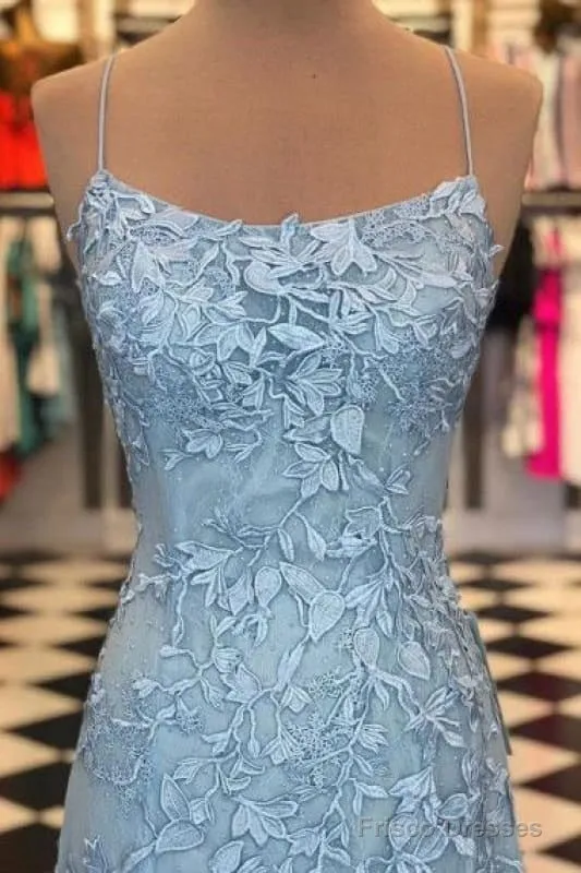 Light Blue Appliques Spaghetti Straps Lace-Up Mermaid Prom Dress
