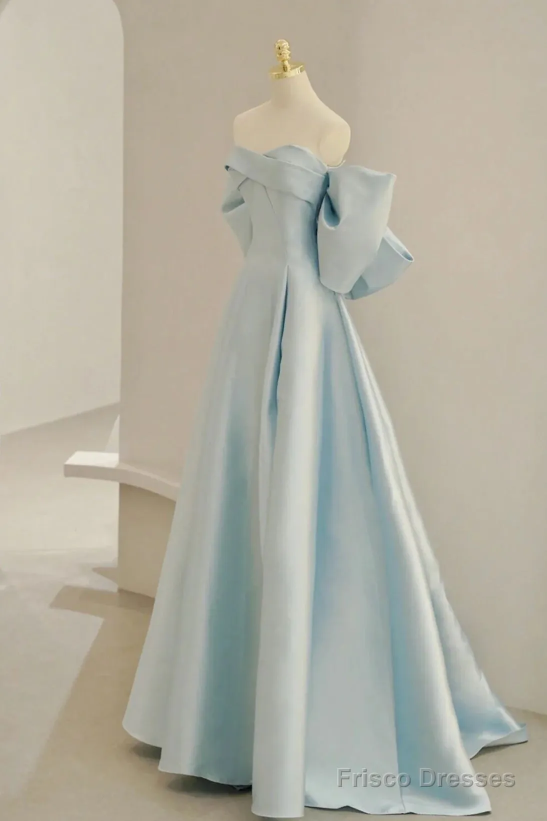 Light Blue Chic Satin Off Shoulder Long Party Dress, A-Line Light Blue Formal Dress