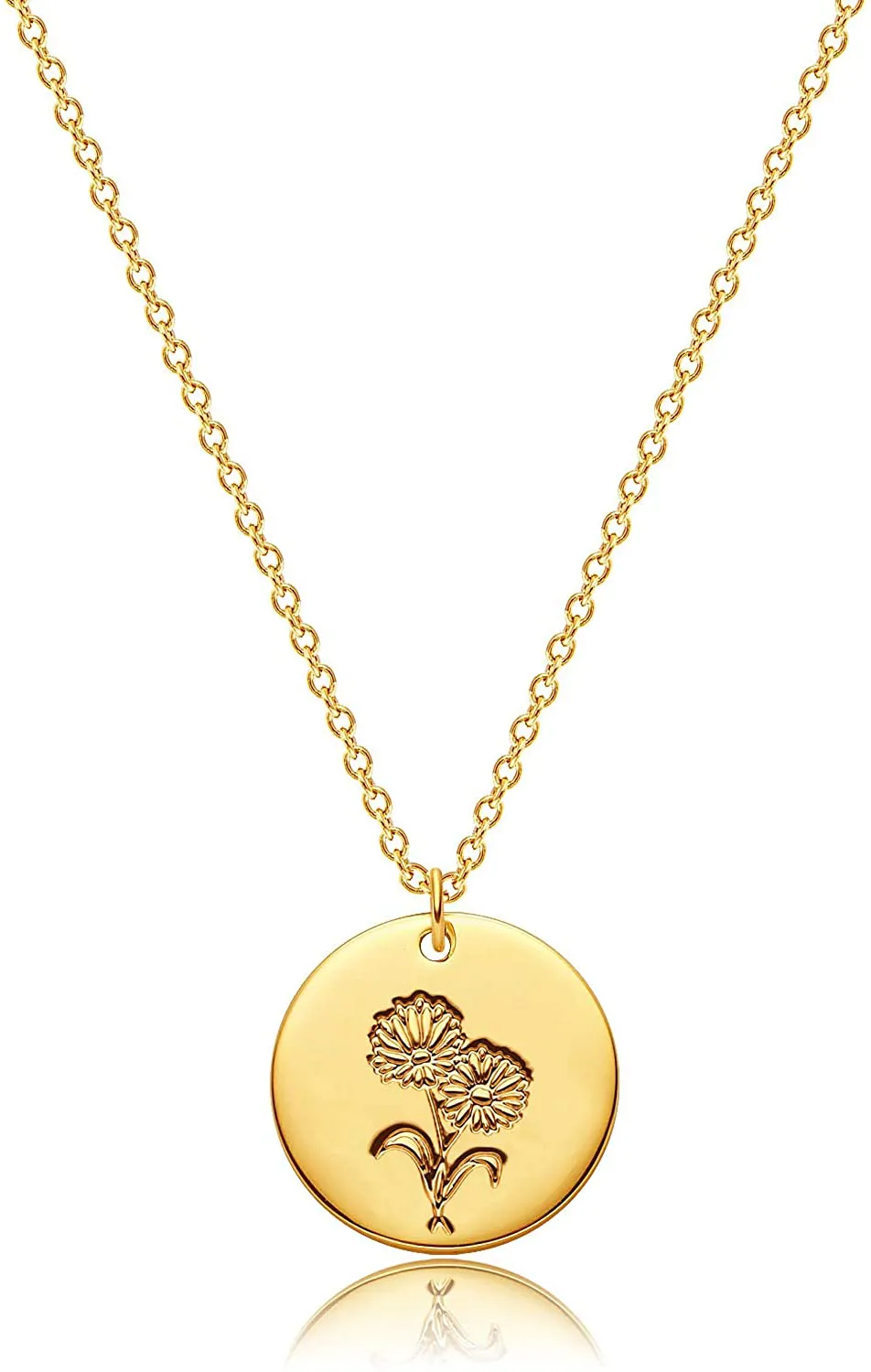 MEVECCO Birth Flower Necklace 18K Gold Engraved Custom Floral Pendant Necklaces Dainty Birth Month Flower Disc Charm Hand Stamped Flower Disk Necklace Personalized Jewelry Birthday Gift for Her