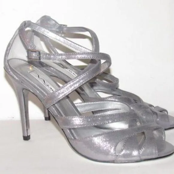 Nina Sparkly Silver Strappy Sandals Stiletto NWOB